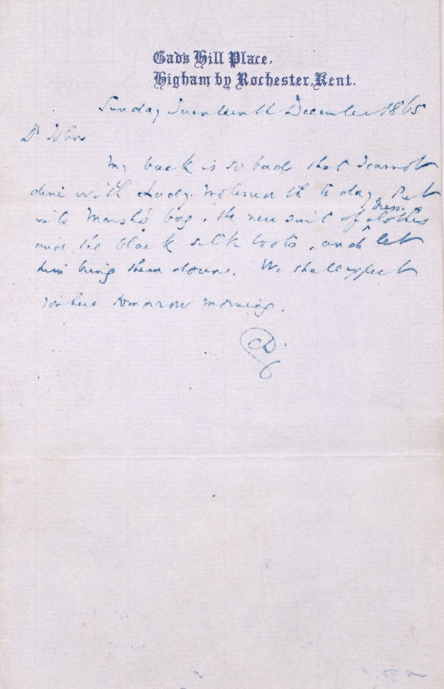 Item #346680 Autograph letter signed, with his initials, to his servant John Thompson. Charles Dickens.