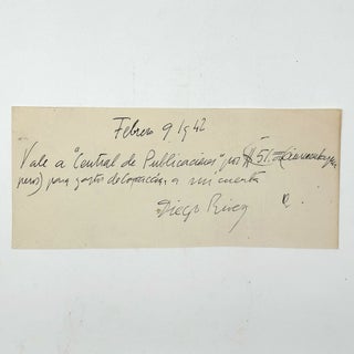Item #346681 Autograph Note, Signed, A Receipt for Dealer Alberto Misrachi. Diego Rivera