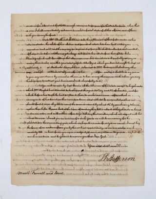 Manuscript Letter Signed, from Thomas Jefferson to English merchants Farrell and Jones, regarding the settlement of the estate of his father-in-law, John Wayles, part of the debt coming from the consignment of a large number of slaves