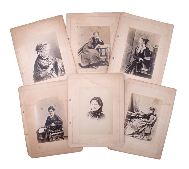 Collection of photos of American Women Writers, including Louisa May Alcott, Helen Hunt Jackson, Lucy Larcom, Sarah Jane Lippincott, Harriet Beecher Stowe, and Elizabeth Stuart Phelps Ward