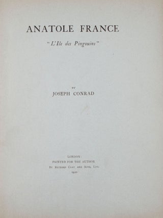 Item #346955 Anatole France “L’lle des Pingouins”. Joseph Conrad