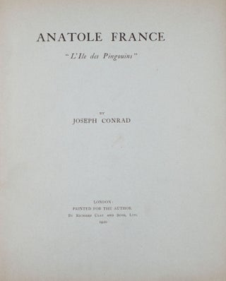 Item #346955 Anatole France “L’lle des Pingouins”. Joseph Conrad