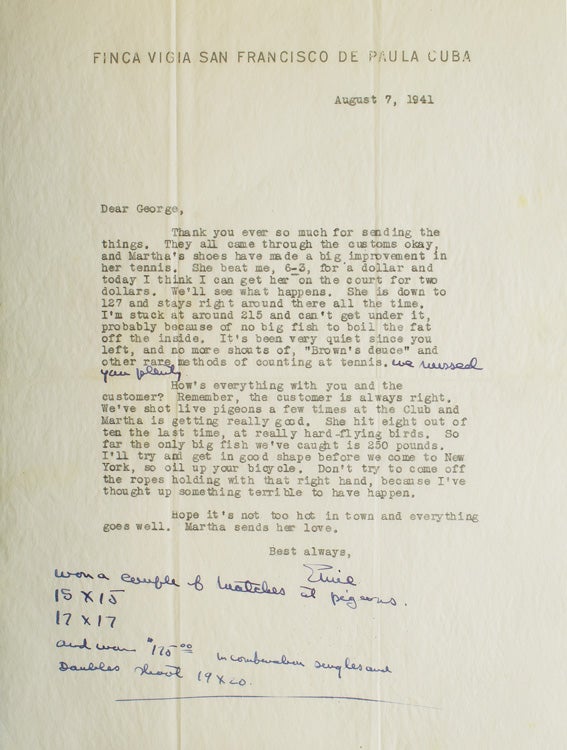 Item #35111 Typed Letter, signed (“Ernie”), to George Brown, his boxing coach and trainer. Ernest Hemingway.