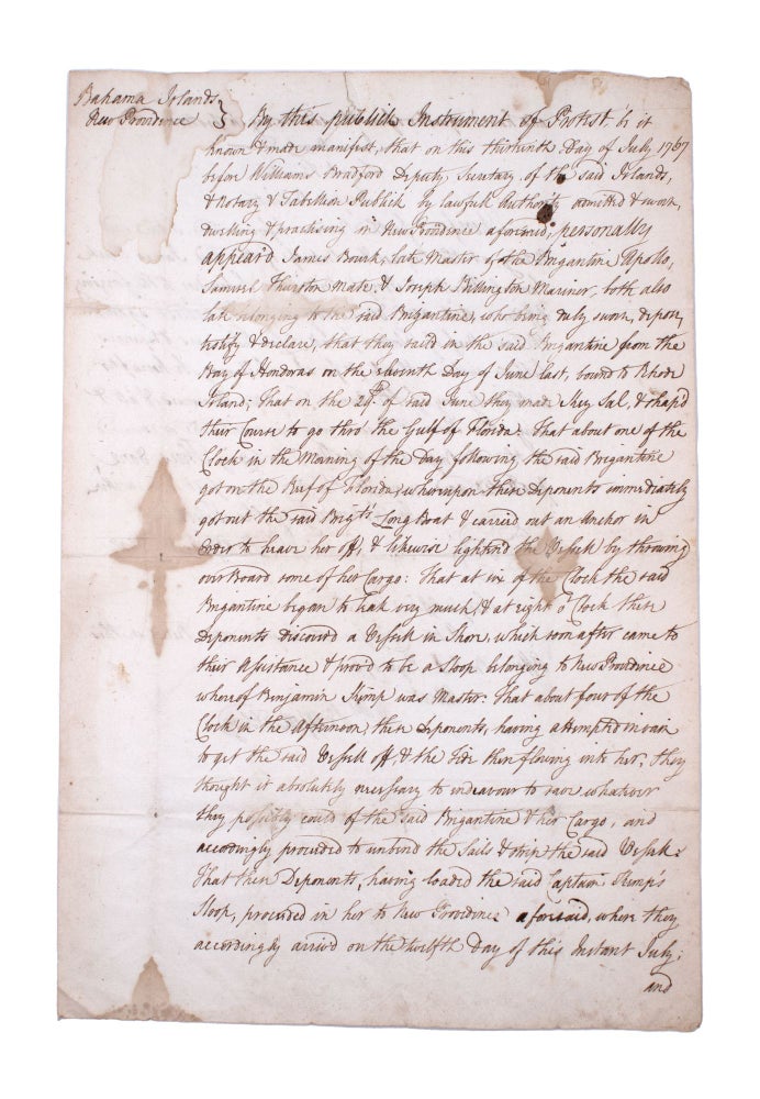 Contemporary true copy of a manuscript document signed by notary William Bradford, deputy secretary of New Providence [Bahamas], a protest lodged by James Bourk "late Master of the Brigantine Apollo," against the Reef of Florida for causing a shipwreck and lost cargo