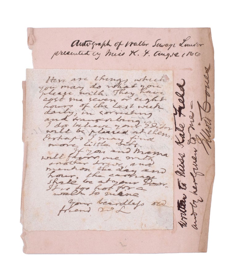 Item #352006 Autograph Letter, signed "WL" to Kate Field [August 12, 1866]. Walter Savage Landor.