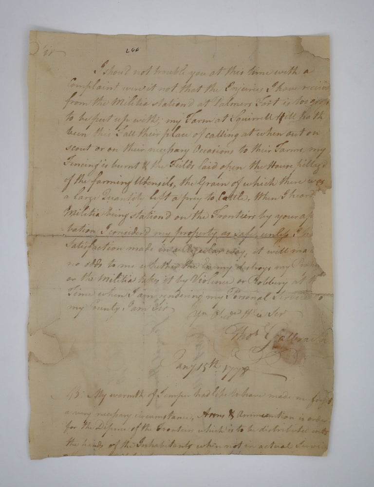 Item #352125 Autograph Letter Signed, from Thomas Galbraith to General Edward Hand, complaining of the military's depredations to his property. American Revolution, Thomas Galbraith.