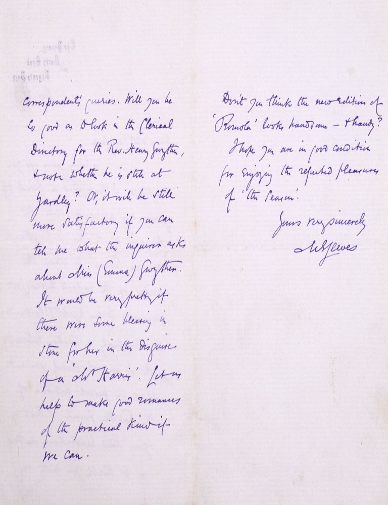 Autograph Letter, signed "ME Lewes" to [Joseph Munt] Langford