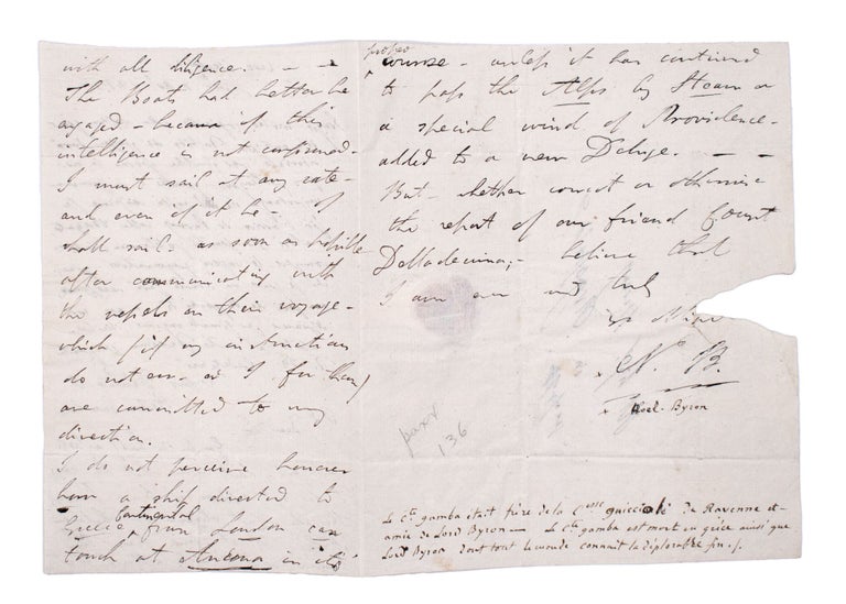 Autograph letter, signed, with initials (“N. B.”), to George Stevens, written below a letter in Italian by Pietro Gamba