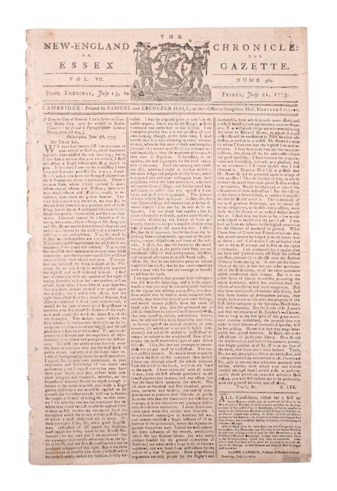 Item #352421 The New England Chronicle: or the Essex Gazette ... July 21, 1775. American Revolution.