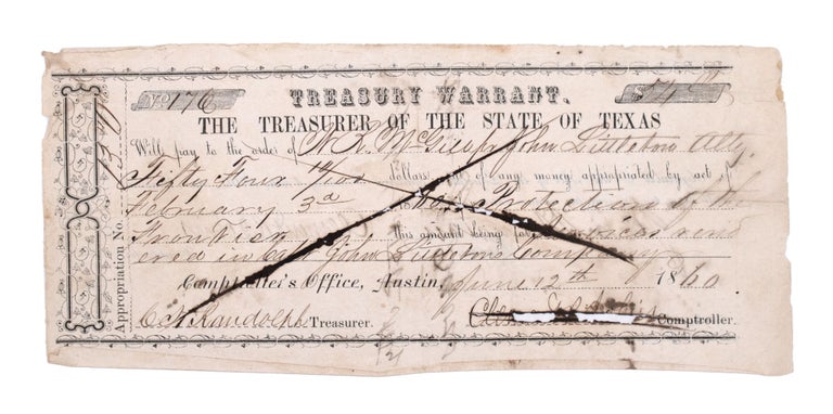 Partly printed treasury warrant, issued for "protection of the frontier ... for services rendered in Capt. John Littleton's Company", endorsed on verso by Houston as Governor