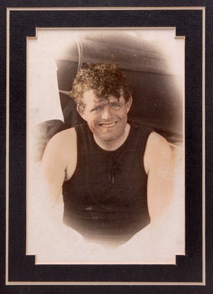 Item #352906 Tinted Photograpoh of Jack London of smiling Jack in a bathing suit. Jack London