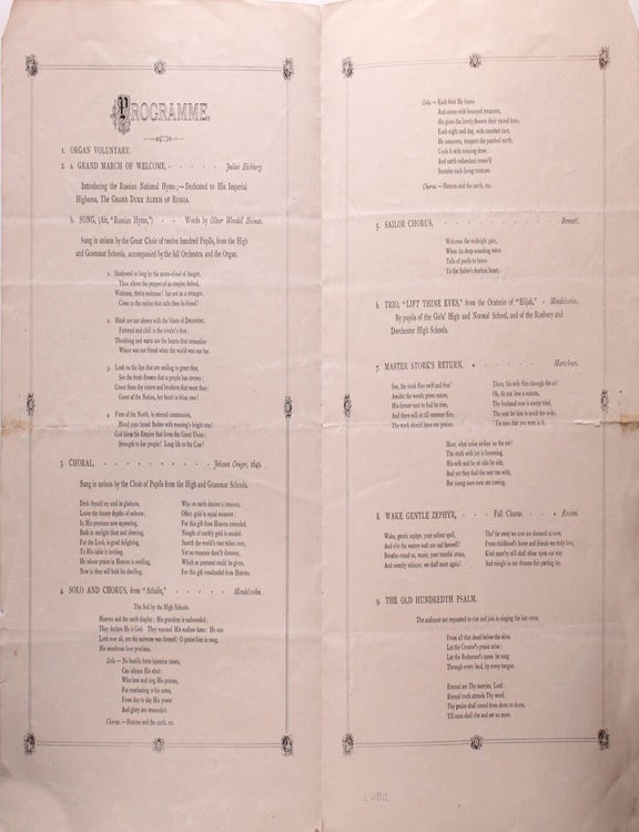 Order of Exercises at the Musical Entertainment in honor of Grand Duke Alexis of Russia (1850-1908) by 1200 pupils of the Public Schools...at Boston Music Hall