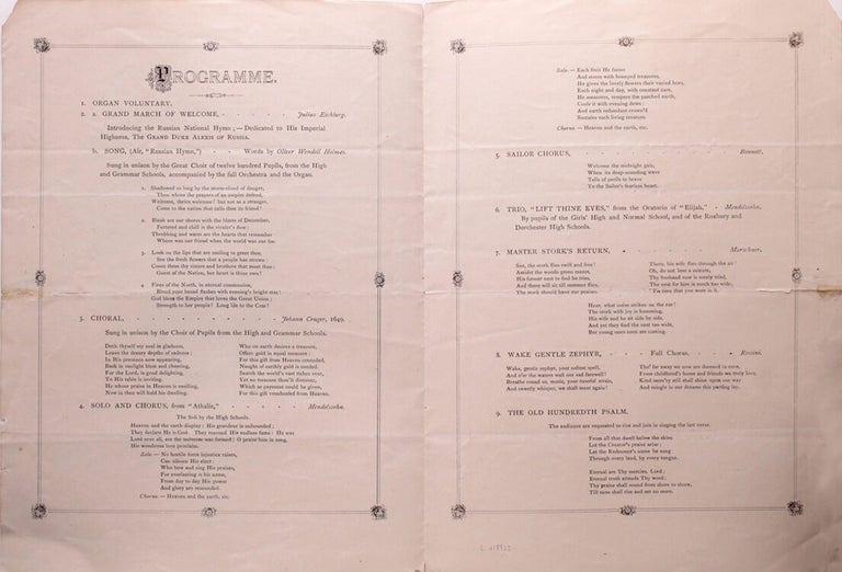 Order of Exercises at the Musical Entertainment in honor of Grand Duke Alexis of Russia (1850-1908) by 1200 pupils of the Public Schools...at Boston Music Hall