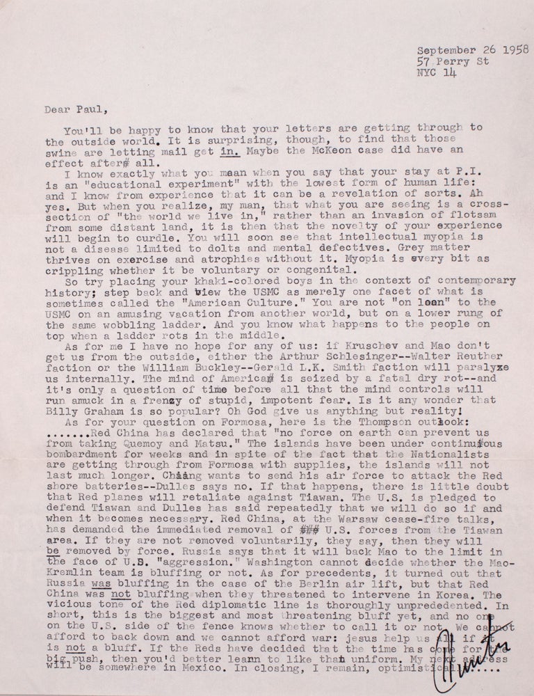 Typed Letter, signed Hunter to his friend Paul Semonin, with original ...