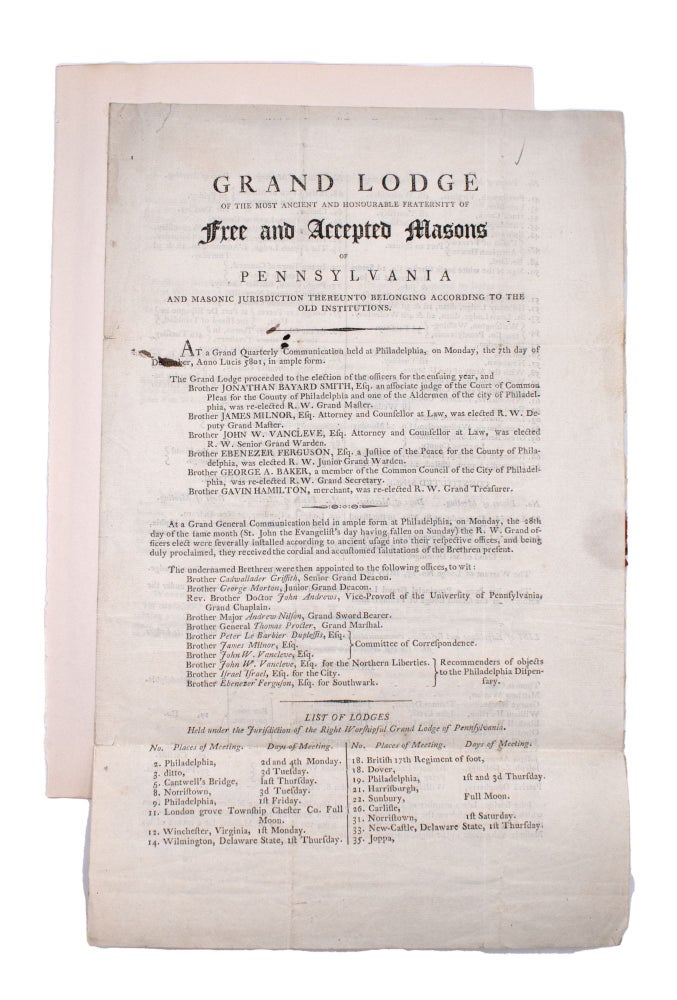 Grand Lodge of the most Ancient and Honourable Fraternity of Free and Accepted Masons of Pennsylvania, and Masonic Jurisdiction thereunto Belonging, according to the Old Institutions
