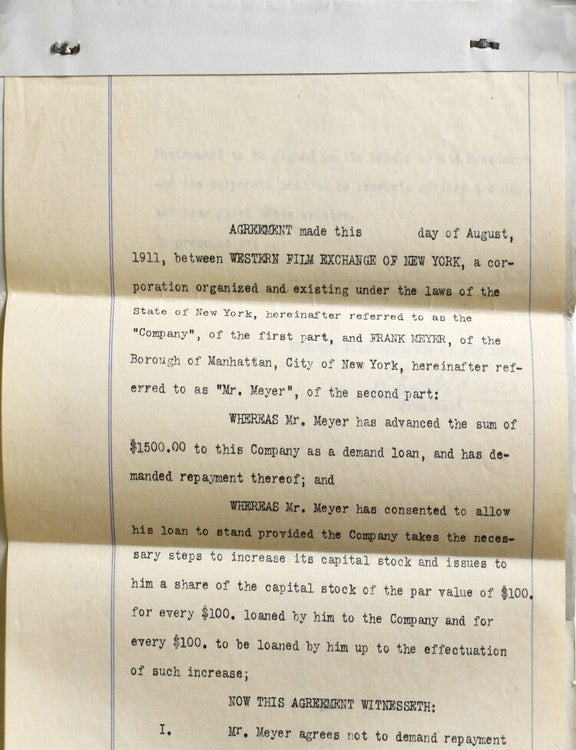 Typed document signed, an agreement between Western Film Exchange of New York and Frank Meyer, concerning the terms of a loan