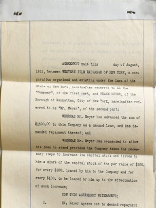 Item #353283 Typed document signed, an agreement between Western Film Exchange of New York and...