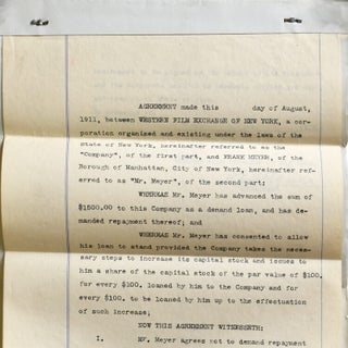 Item #353283 Typed document signed, an agreement between Western Film Exchange of New York and...