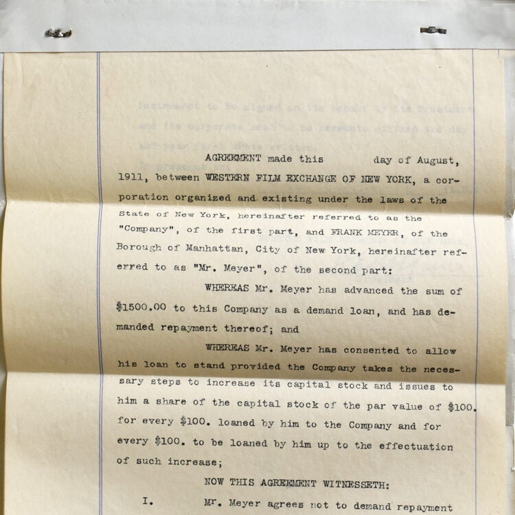 Typed document signed, an agreement between Western Film Exchange of New York and Frank Meyer, concerning the terms of a loan