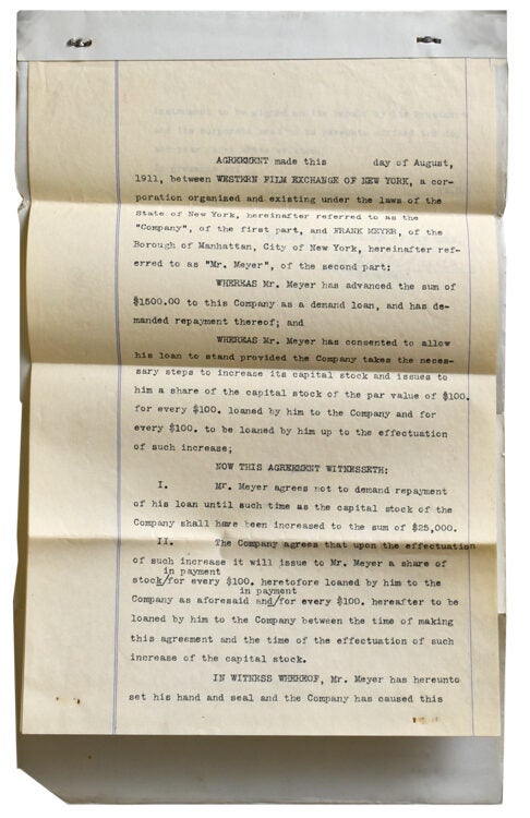 Typed document signed, an agreement between Western Film Exchange of New York and Frank Meyer, concerning the terms of a loan