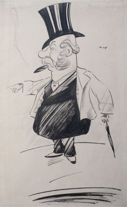Item #353601 Ink Drawing of a portly late Victorian or Edwardian gent in a topper, smoking a...