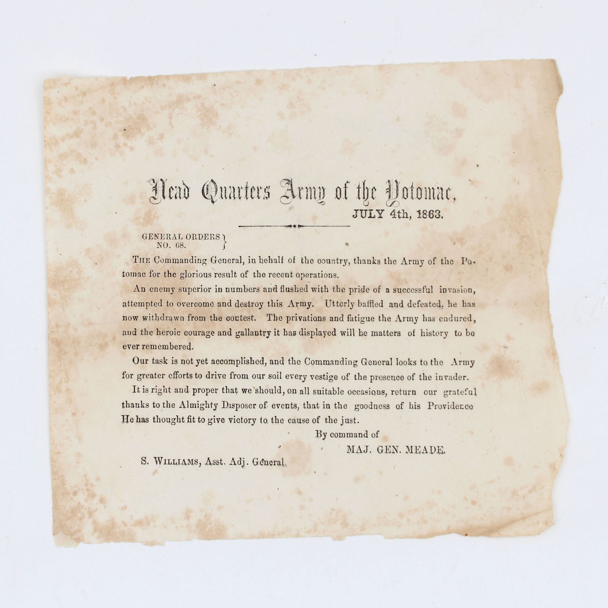 Head Quarters Army of the Potomac, July 4, 1863. General Orders No. 68 ...