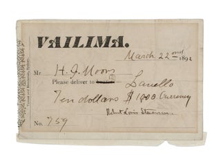 Item #353980 Cheque signed "Robert Louis Stevenson", Vailima, to H.J. Moors. Robert Louis Stevenson