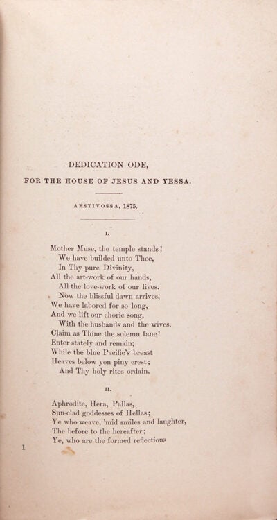 Dedication Ode for the House of Jesus and Yessa: Aestivossa, 1875 Drop ...