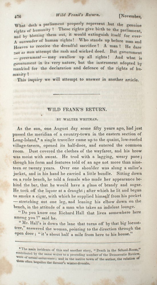 Eight First Printings of Whitman IN The United States Magazine and Democratic Review, Volumes IX-XI, July, 1841-December, 1842