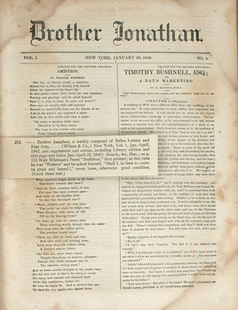 Two First Printings of Whitman IN Brother Jonathan, Vols. I-III, January-December, 1842