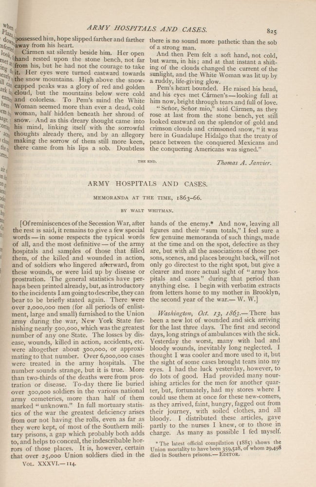 "Army Hospitals and Cases: Memoranda at the Time, 1863-66" IN The Century Illustrated Monthly Magazine, Vol. XXXVI, No. 6