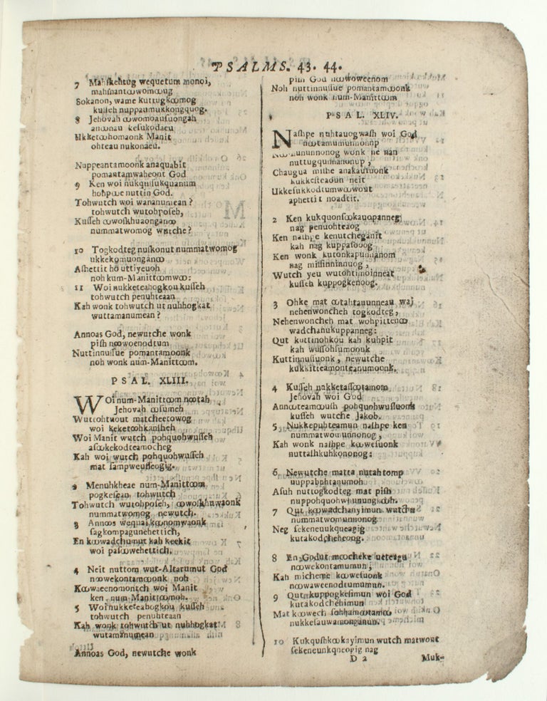 A Testament of Faith. A leaf from a copy of the first American Bible, translated into the Language of the Algonquian Indians by John Eliot and printed at Cambridge in New England in the Year 1663