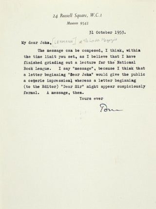 Item #365485 Typed Letter, signed (“Tom”), to his friend John Lehmann, concerning A Message...