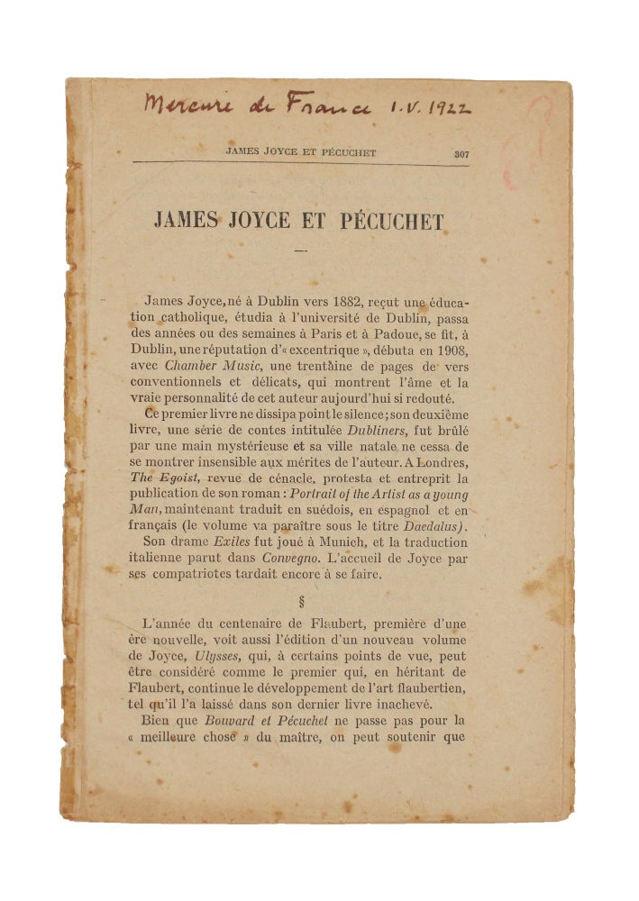 Item #365788 James Joyce et Pécuchet [IN] Mercure de France 1-VI-1922. Ezra Pound.