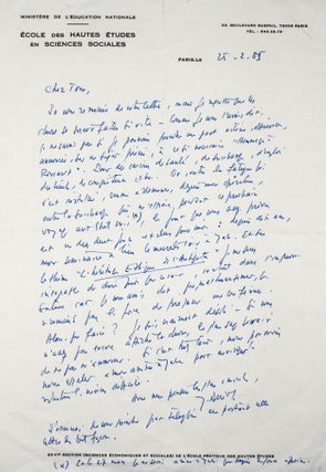 Item #366060 Two Autograph Letters, signed (“J. Derrida”), to New York scholar and professor...