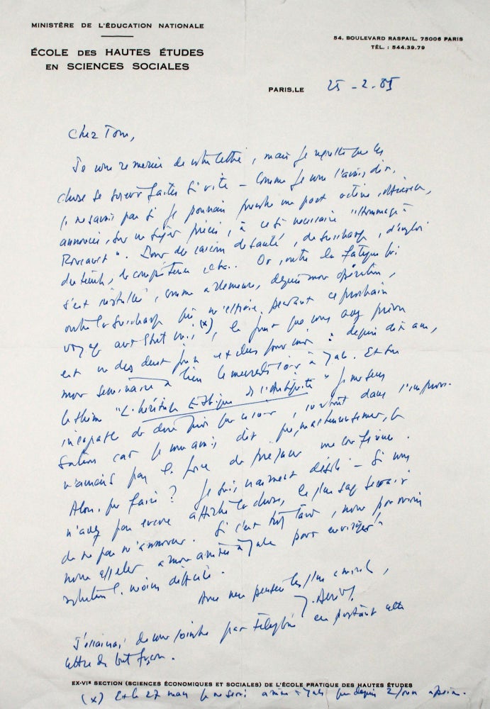 Item #366060 Two Autograph Letters, signed (“J. Derrida”), to New York scholar and professor Tom Bishop. Jacques Derrida.