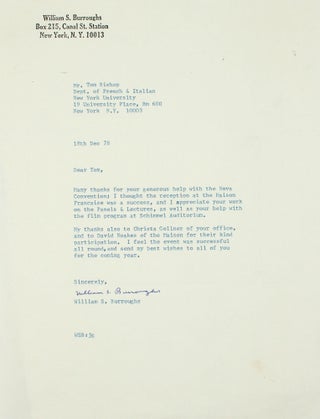 Item #366063 Typed Letter, signed (“William S. Burroughs”), to Tom Bishop. William S. Burroughs