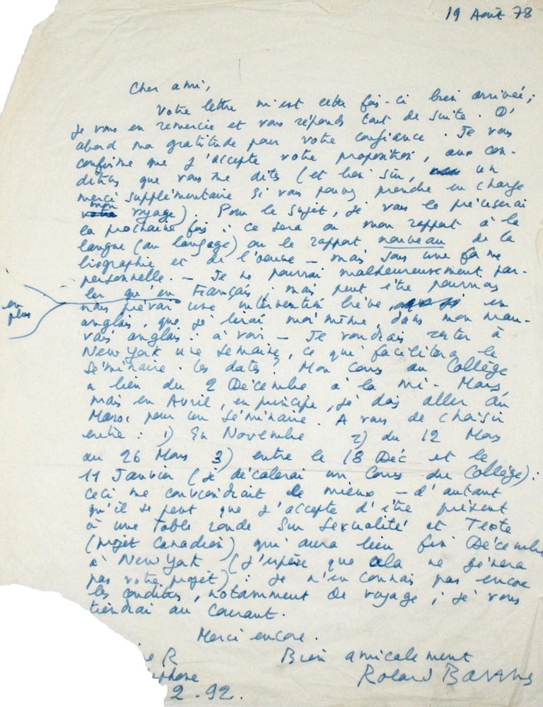 Five Autograph Letters and Notes, signed (“Roland Barthes” or “RB”), to New York scholar and professor Tom Bishop