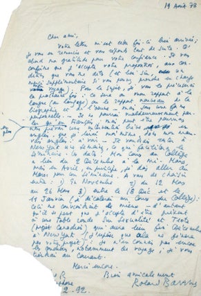 Item #366064 Five Autograph Letters and Notes, signed (“Roland Barthes” or “RB”), to New...