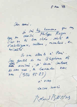 Five Autograph Letters and Notes, signed (“Roland Barthes” or “RB”), to New York scholar and professor Tom Bishop