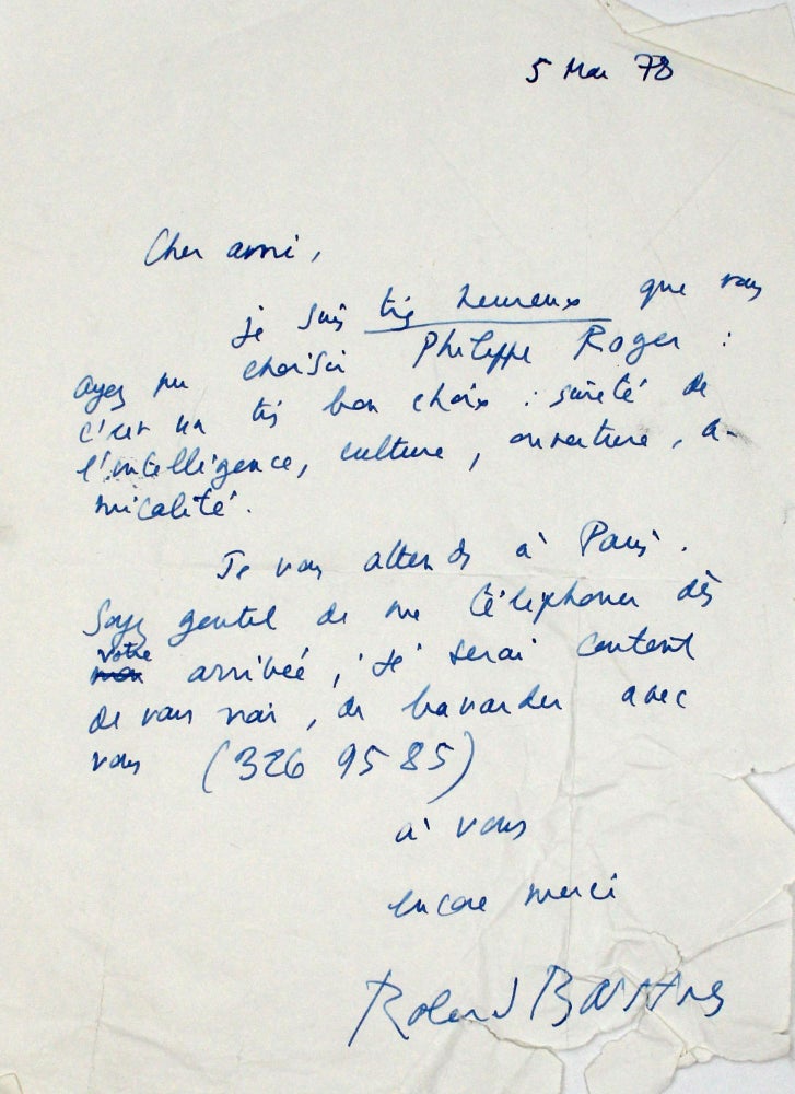 Five Autograph Letters and Notes, signed (“Roland Barthes” or “RB”), to New York scholar and professor Tom Bishop