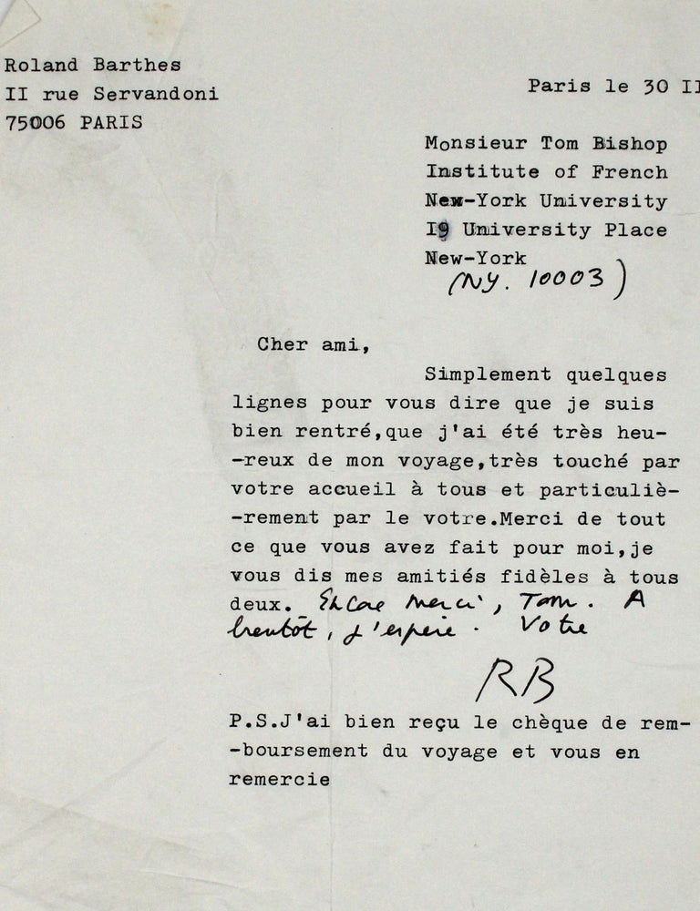 Five Autograph Letters and Notes, signed (“Roland Barthes” or “RB”), to New York scholar and professor Tom Bishop