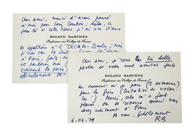 Five Autograph Letters and Notes, signed (“Roland Barthes” or “RB”), to New York scholar and professor Tom Bishop