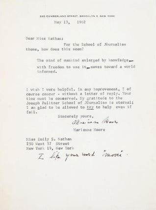 Item #366083 Typed Letter, signed "Marianne Moore" and annotated, to Emily Nathan. Marianne Moore