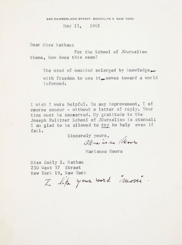 Item #366083 Typed Letter, signed "Marianne Moore" and annotated, to Emily Nathan. Marianne Moore.