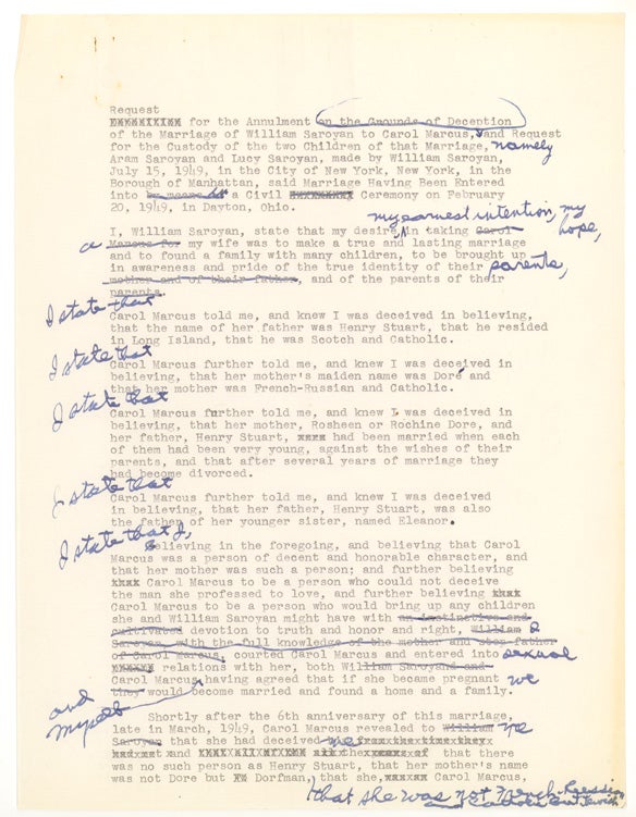 Item #36630 Archive of Drafts of Letters and Documents relating to Saroyan's separation and divorce from his wife Carol Marcus, and her affair with cartoonist Al Capp. William Saroyan.