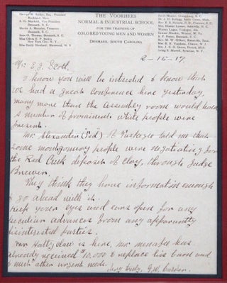 Autograph letter signed, to E. J. Scott, on a farmer's conference held at the Voorhees Normal & Indistrial School and on the purchase of a deposit of clay