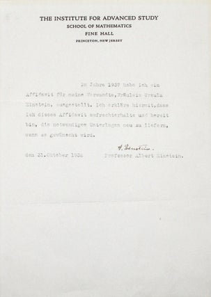 Item #366717 Typed Letter, signed (“A. Einstein”), dated 31 October 1938, discussing an...
