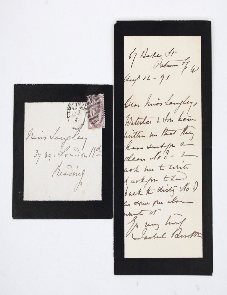 Three Autograph Letters, signed (&ldquo;Isabel Burton&rdquo;), to Miss Eliza Langley of Reading, offering copies of her late husband&rsquo;s works, and reporting that Waterlow will send the recipient a &ldquo;clean&rdquo; copy of A Sketch of the Career (1886)