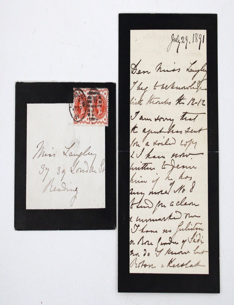 Three Autograph Letters, signed (&ldquo;Isabel Burton&rdquo;), to Miss Eliza Langley of Reading, offering copies of her late husband&rsquo;s works, and reporting that Waterlow will send the recipient a &ldquo;clean&rdquo; copy of A Sketch of the Career (1886)